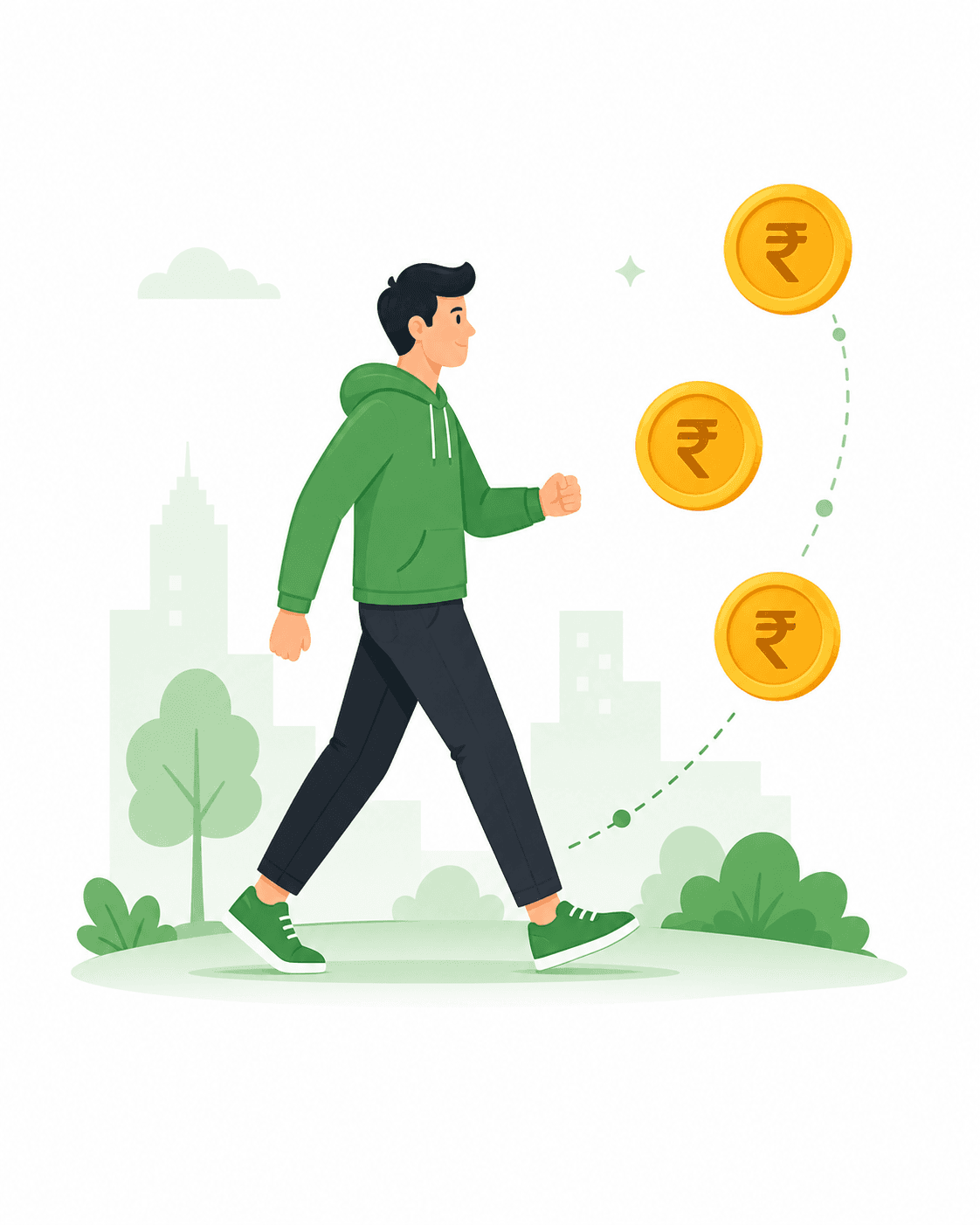 Person walking toward reward coins illustration